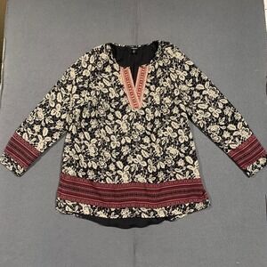 J. Peterman Womens Medium Floral Lace Print Tunic Top Embroidered V-Neck Lined